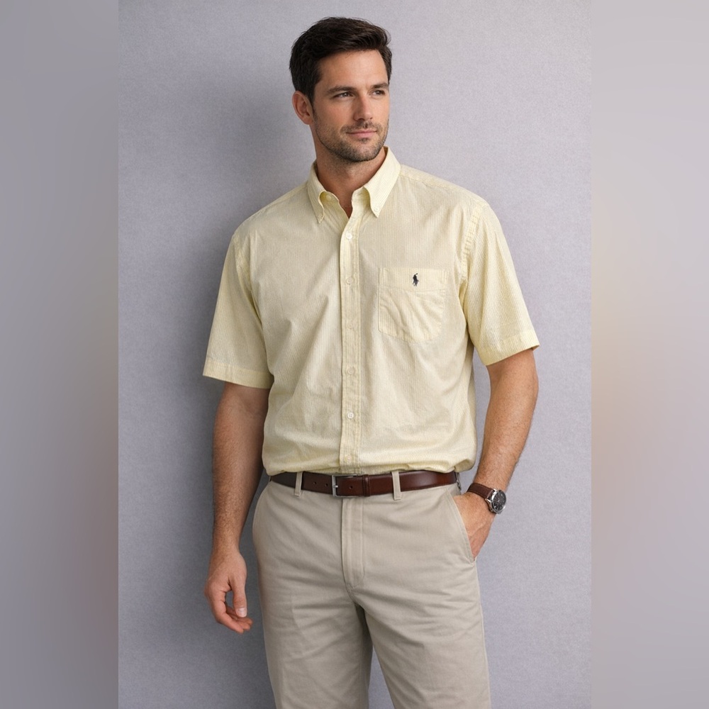 Ralph Lauren Golf Men's Sz L‎ Yellow Stripe Tilden 100% Cotton Button Up Shirt